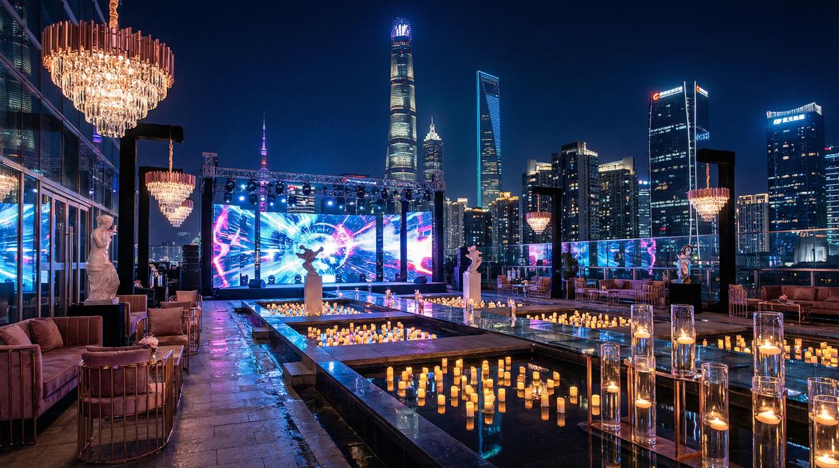 高清动漫传媒城市夜景航拍传媒顶层派对实录